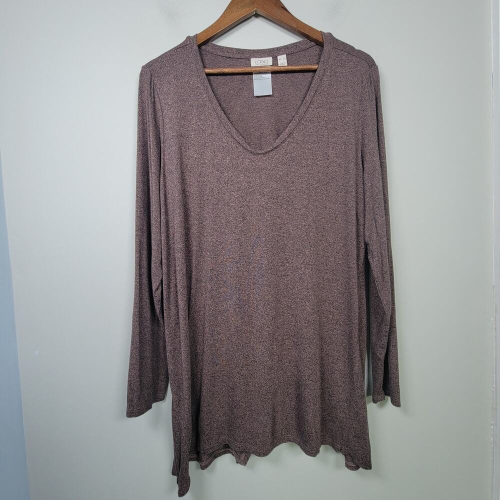Logo Lori Goldstein XL Long Sleeve V Neck Stretch Asymmetrical Tunic Top Brown
